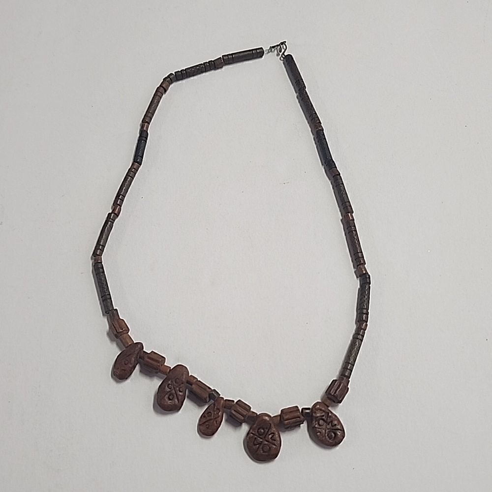 Carved Ceramic Beaded Necklace with Hook Clasp Brown